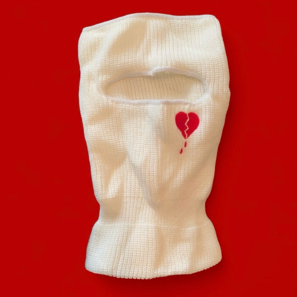 White Knit Balaclava Ski Mask Face Covering 1 Hole with Broken Heart Embroidery
